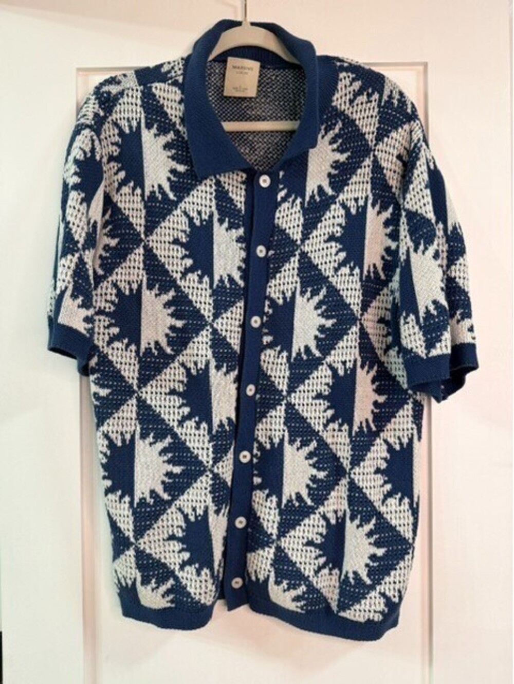 Massive Luxury Men's Large Knit Polo Sweater Blue White Geometric Short Sleeve